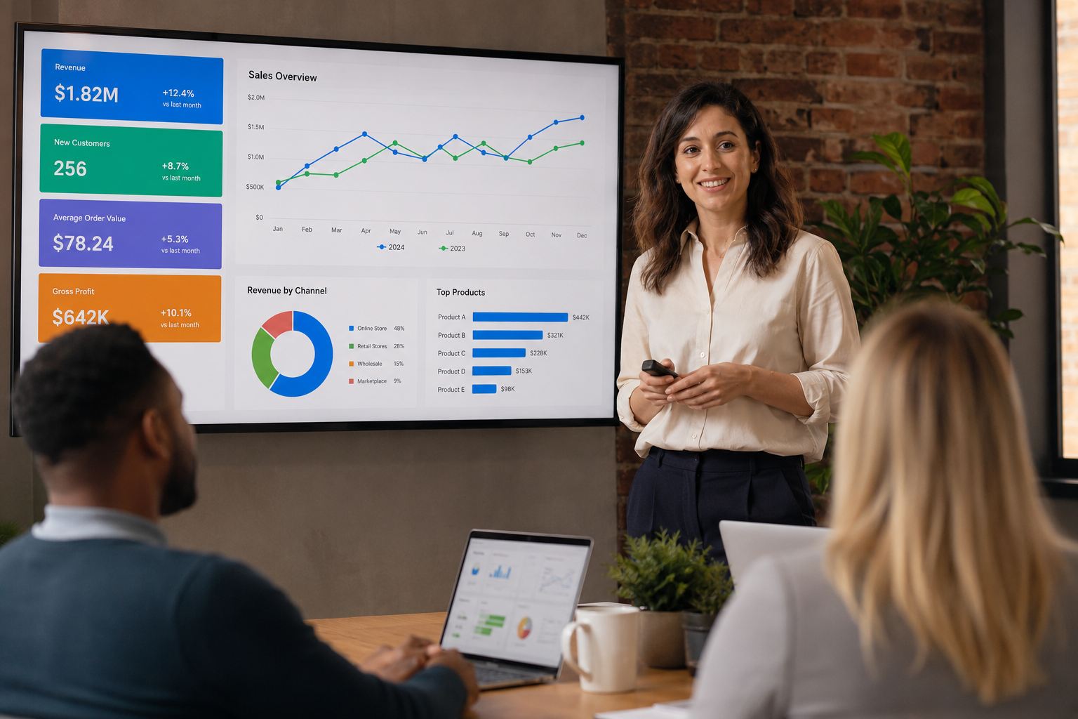Business analytics presentation in a modern office with team collaboration